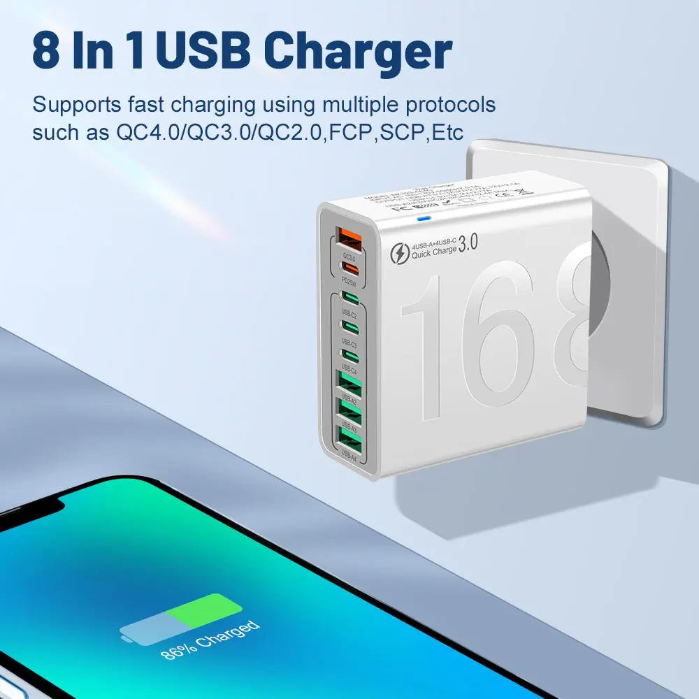 8-Port Fast Charging USB Hub with 4 USB-C and 4 USB-A Ports for Phones, Tablets, and More