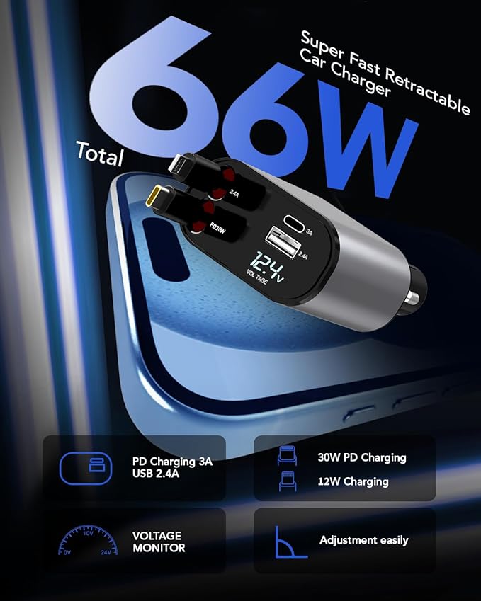 DriveCharge Pro | Cargador Retráctil para Auto 66W