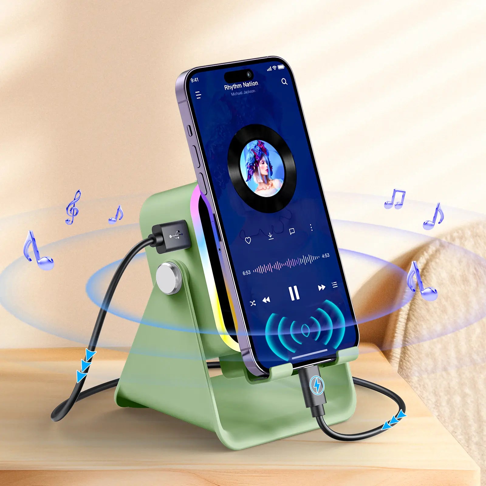 [Fathersdaygift] PUTARE Wireless Induction Audio Speaker Stand, 5In1 Cellphone Holder, 3500Mah Rechargeable Emergency Power Bank,360° Adjustable Mobile Tablet Stand with Colorful Ambient Light Gifts for Men Women Summerwins
